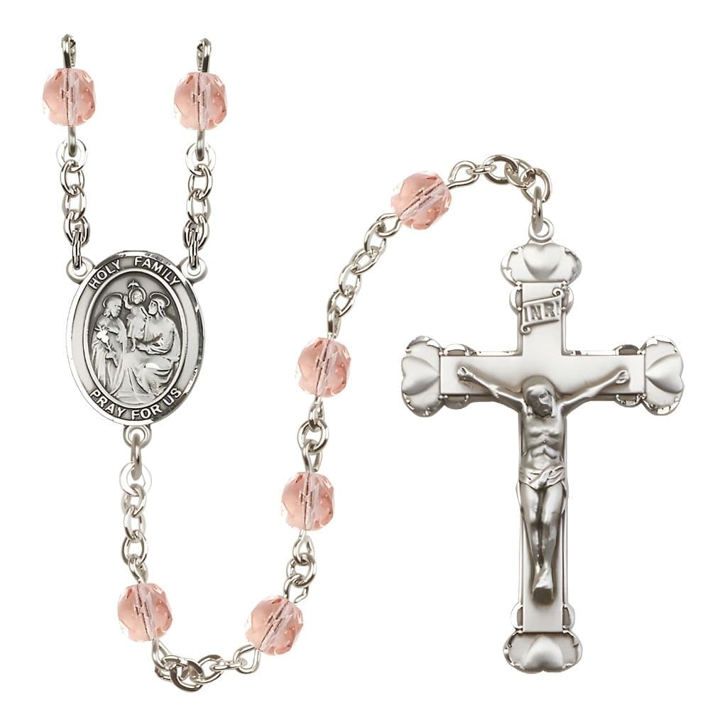 Bliss Holy Family Engravable Rosary with Pewter Heart Crucifix and Centerpiece, Birthstone 6mm Fire Polished Pink Rose Beads for October