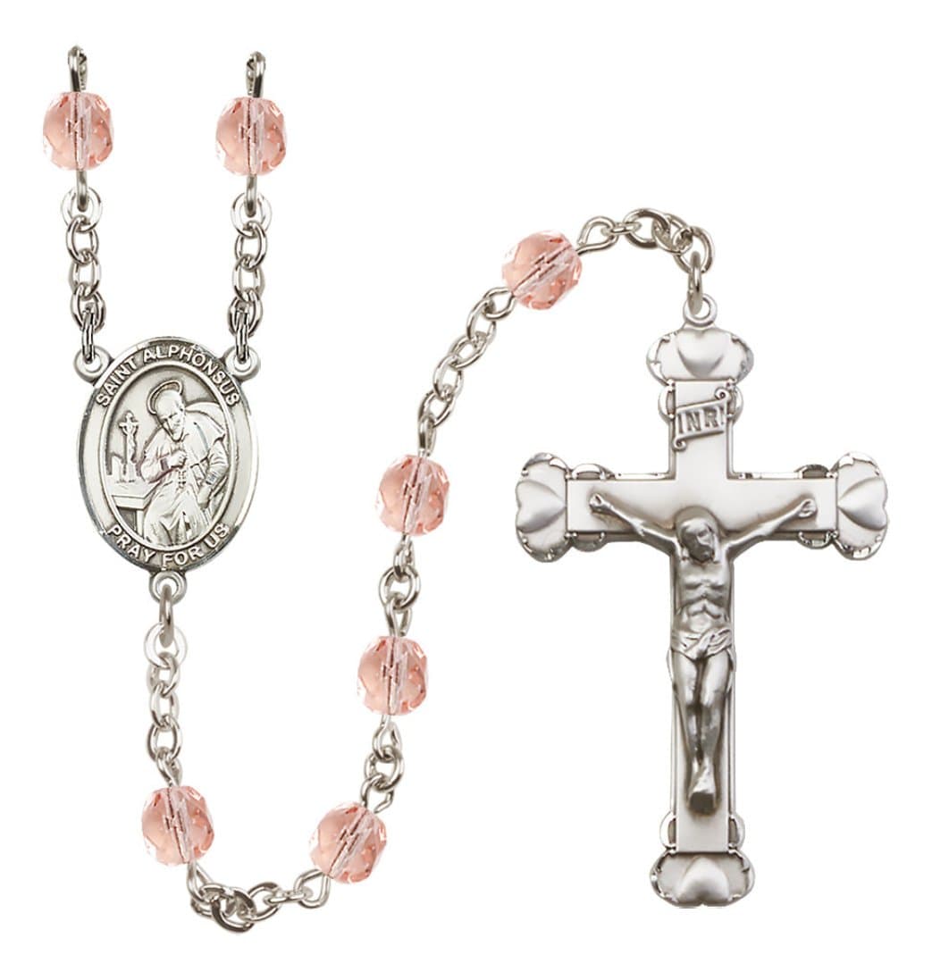 Bliss Silver-Plated Pink Crystal St Alphonsus Birthstone Heart Rosary,