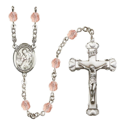 Silver-Plated Pink Crystal St Alphonsus Birthstone Heart Rosary, Bliss Manufacturing
