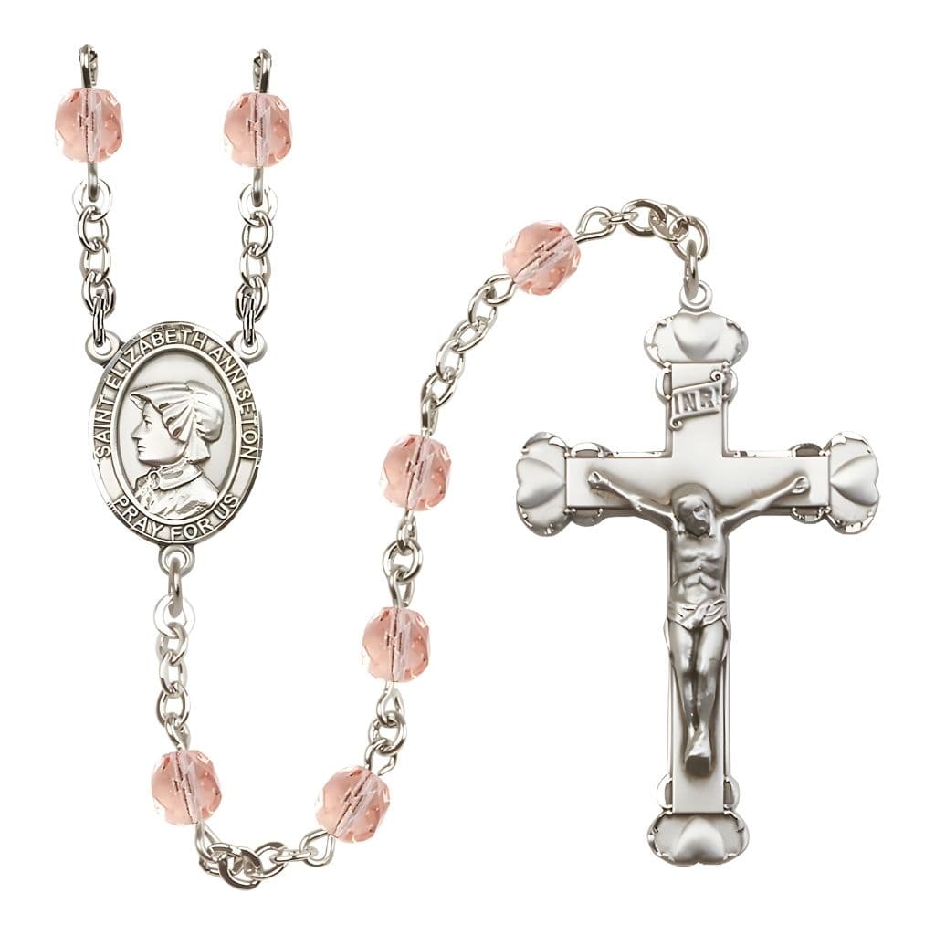 Bliss St. Elizabeth Ann Seton Rosary with Pewter Heart Crucifix and Centerpiece, Birthstone 6mm Fire Polished Pink Rose Beads for October
