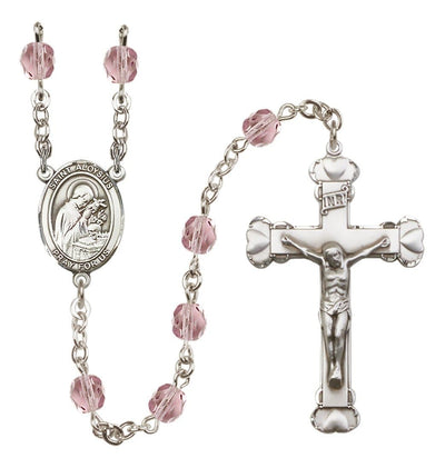 Silver-Plated Pink Crystal St Aloysius Birthstone Heart Rosary, Bliss Manufacturing