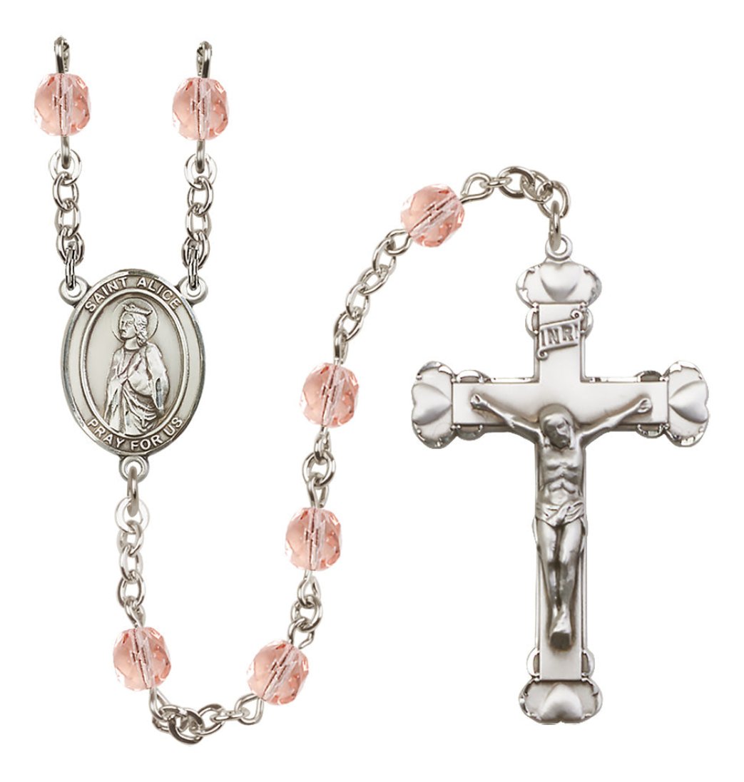 Bliss Silver-Plated Pink Crystal St Alice Birthstone Heart Rosary,