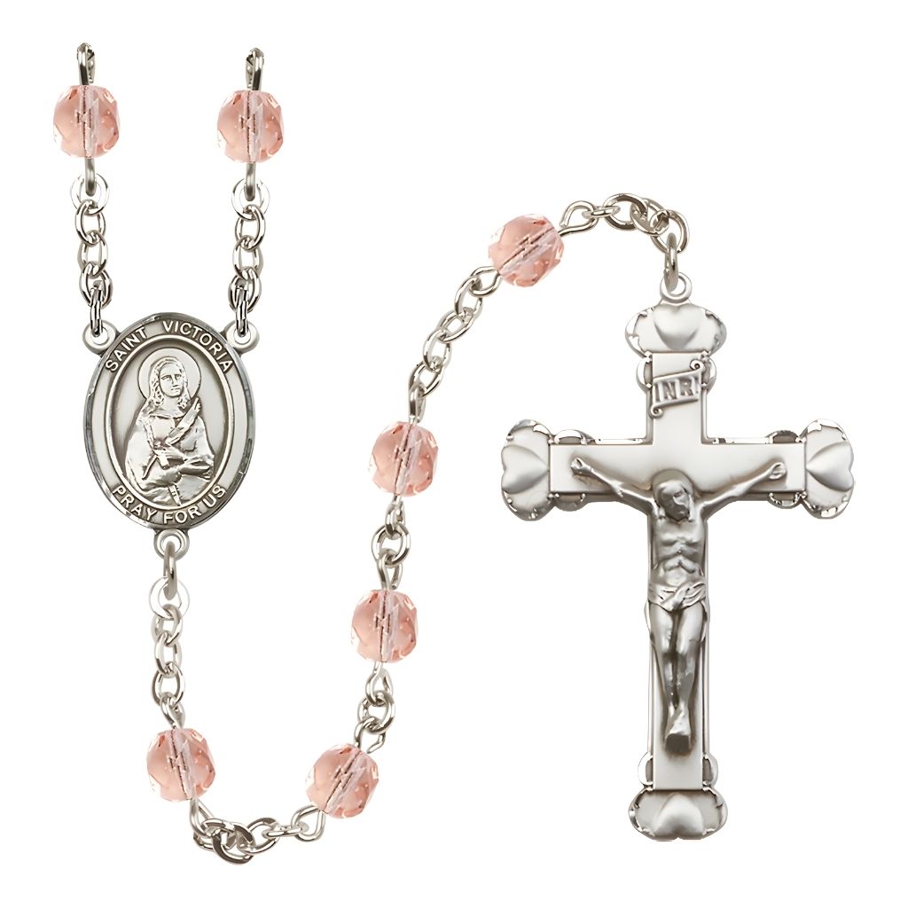 Bliss St. Victoria Rosary with Pewter Heart Crucifix and Centerpiece, Birthstone 6mm Fire Polished Pink Rose Beads for October