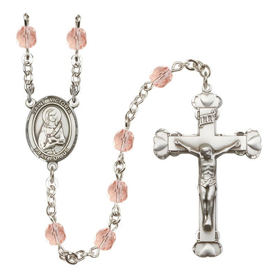 St. Victoria Rosary with Pewter Heart Crucifix and Centerpiece, Birthstone 6mm Fire Polished Pink Rose Beads for October, Bliss Manufacturing