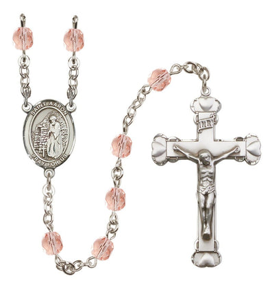 Silver-Plated Pink Crystal Saint Aaron Birthstone Heart Rosary, Bliss Manufacturing