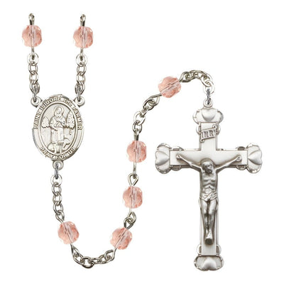 St. Isidore the Farmer Rosary with Pewter Heart Crucifix and Centerpiece, Birthstone 6mm Fire Polished Pink Rose Beads for October, Bliss Manufacturing