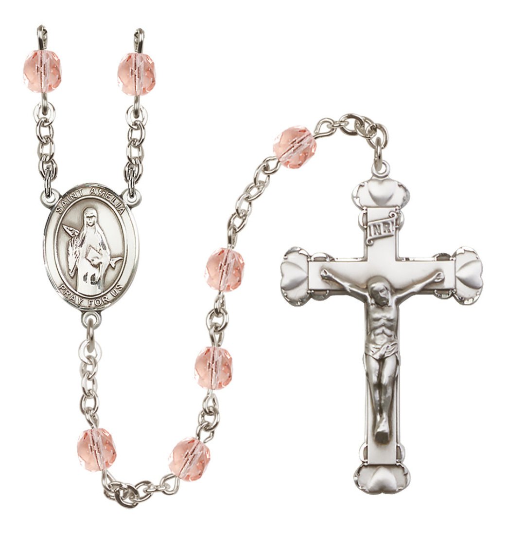 Bliss Silver-Plated Pink Crystal Saint Amelia Birthstone Heart Rosary,