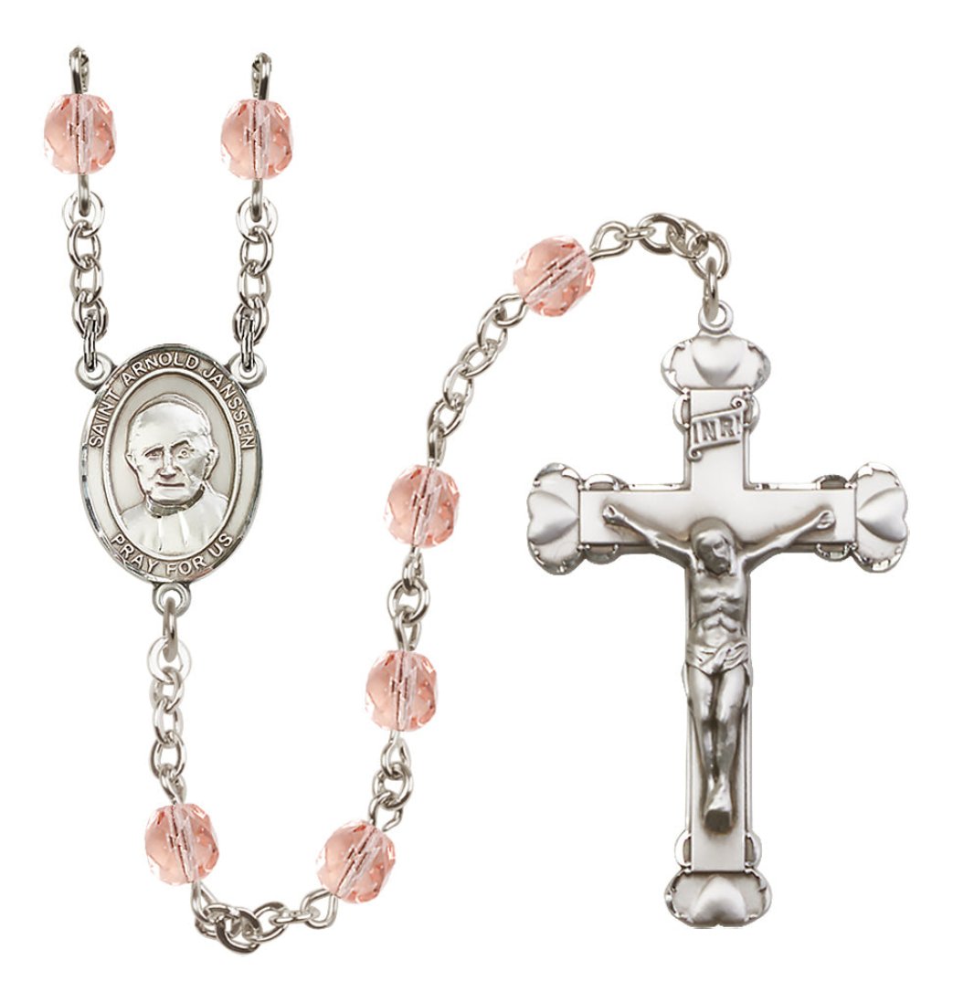 Bliss Silver-Plated Pink Crystal Saint Arnold Janssen Birthstone Heart Rosary,