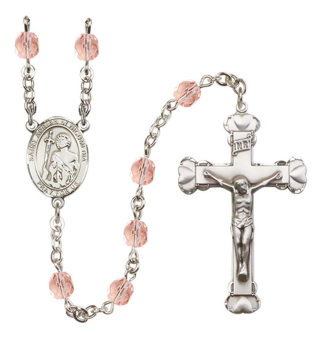 Bliss Silver-Plated Pink Crystal St Adrian of Nicomedia Birthstone Heart Rosary,