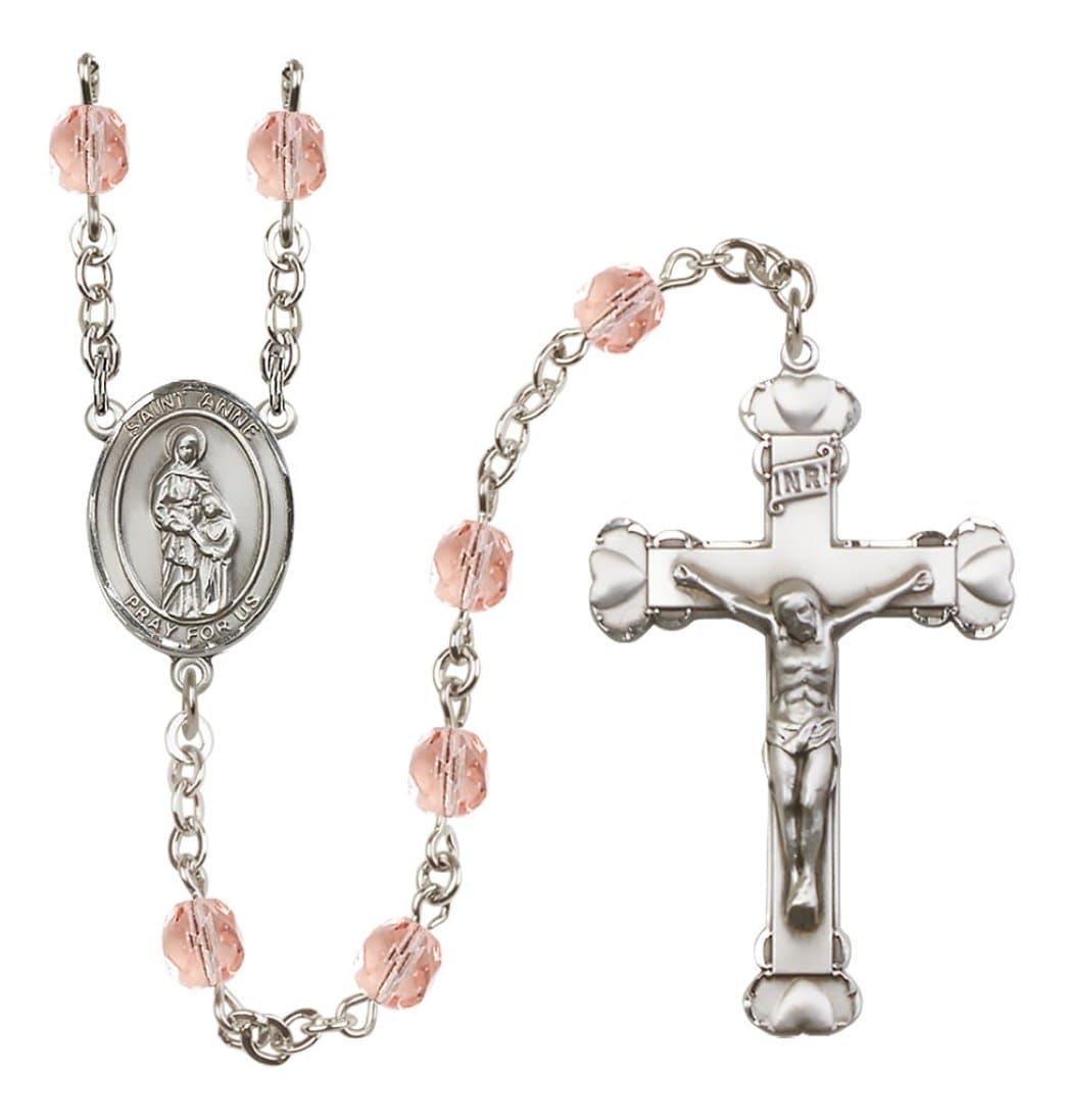 Bliss Oct Pink Silver-Plated Crystal St Anne Birthstone Heart Rosary,