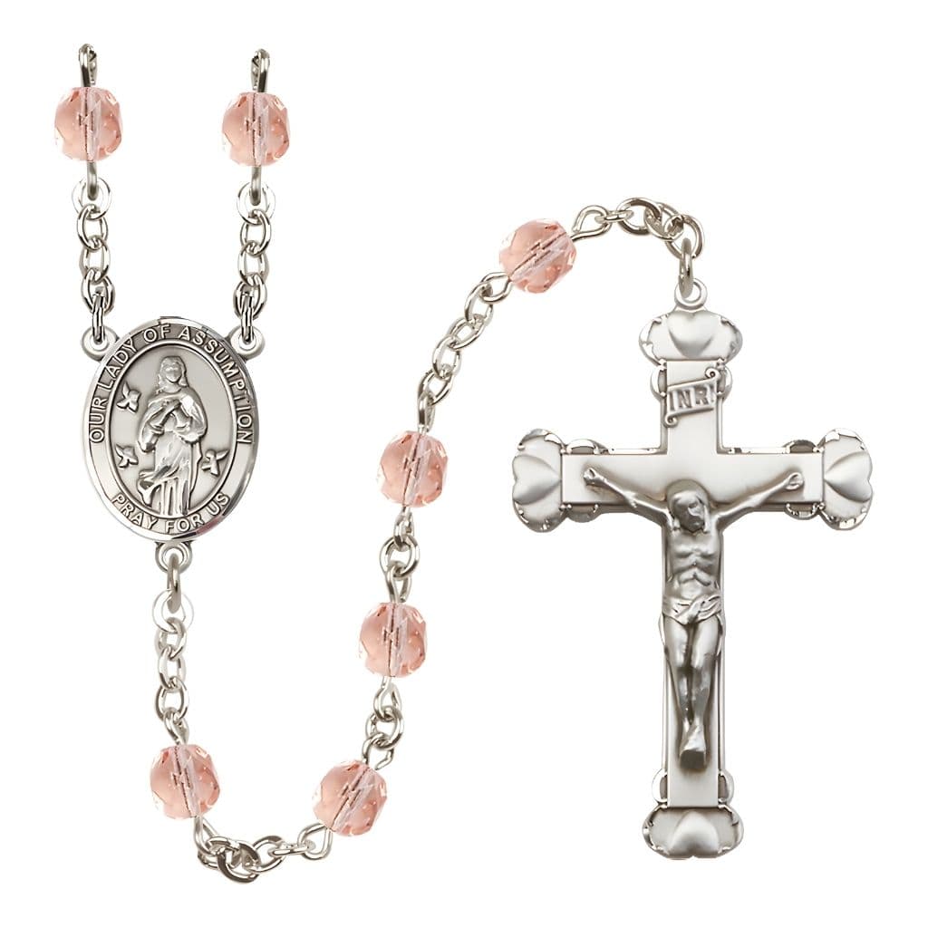 Our Lady of Assumption Engraved Birthstone 6mm Pink Fire Polished Silver-plated Rosary with Pewter Centerpiece and Heart Tip Crucifix