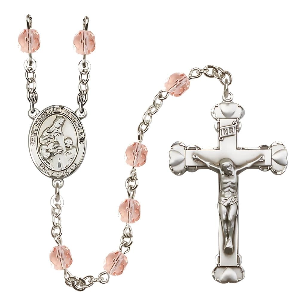 Bliss St. Margaret of Scotland Engraved Birthstone Fire Polished Rosary in Pink,