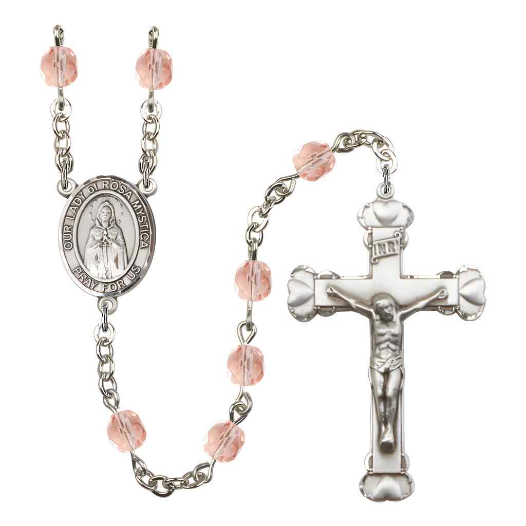 Our Lady of Rosa Mystica Rosary with Pewter Heart Crucifix and Centerpiece, Birthstone 6mm Fire Polished Pink Rose Beads for October