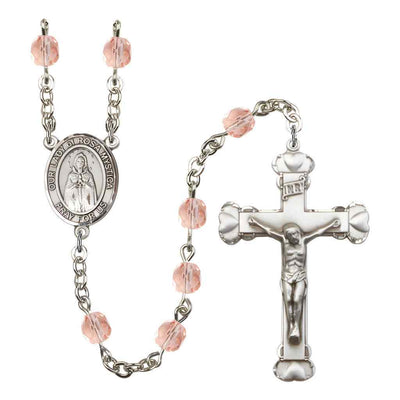 Our Lady of Rosa Mystica Rosary with Pewter Heart Crucifix and Centerpiece, Birthstone 6mm Fire Polished Pink Rose Beads for October