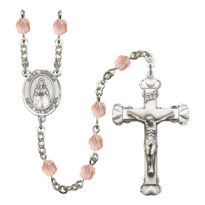 Spanish Rosa Mystica Rosary with Pewter Heart Crucifix and Centerpiece, Birthstone 6mm Fire Polished Pink Rose Beads for October