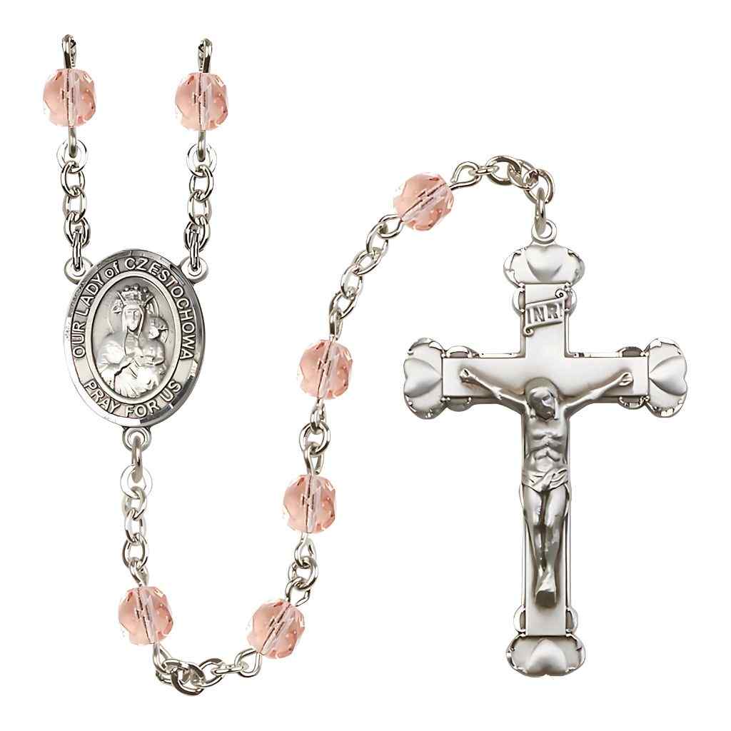 Our Lady of Czestochowa Rosary with Pewter Heart Tip Crucifix and Centerpiece, Birthstone 6mm Fire Polished Pink Rose Beads for October