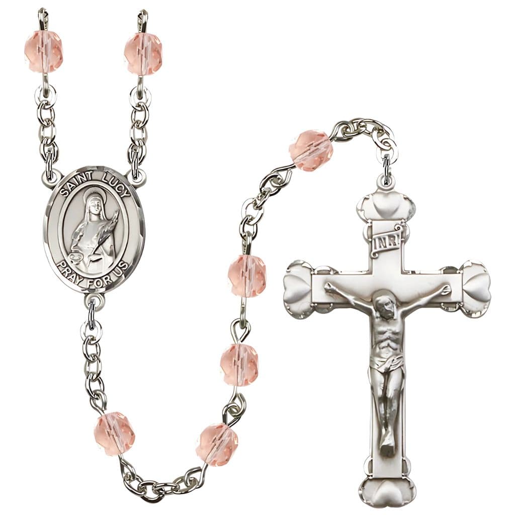 St. Lucy Silver-Plated Pink Crystal Birthstone Heart Rosary,