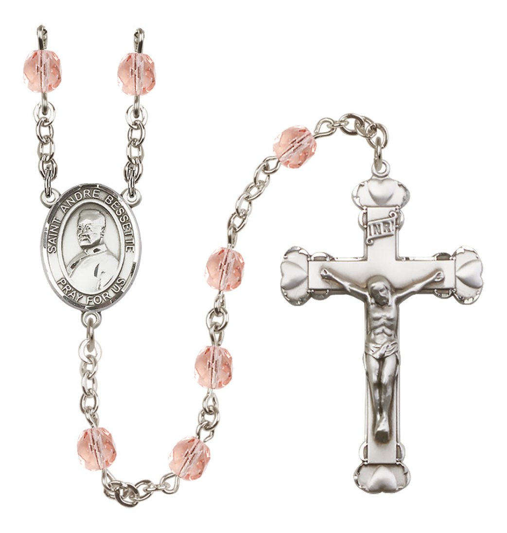 Bliss Silver-Plated Pink Crystal St Andre Bessette Birthstone Heart Rosary,