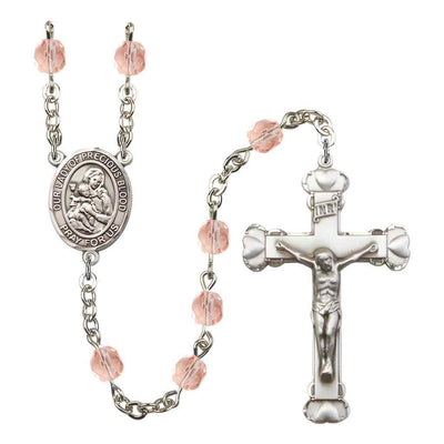 Our Lady of the Precious Blood Rosary with Pewter Heart Crucifix and Centerpiece, Birthstone 6mm Fire Polished Pink Rose Beads for October