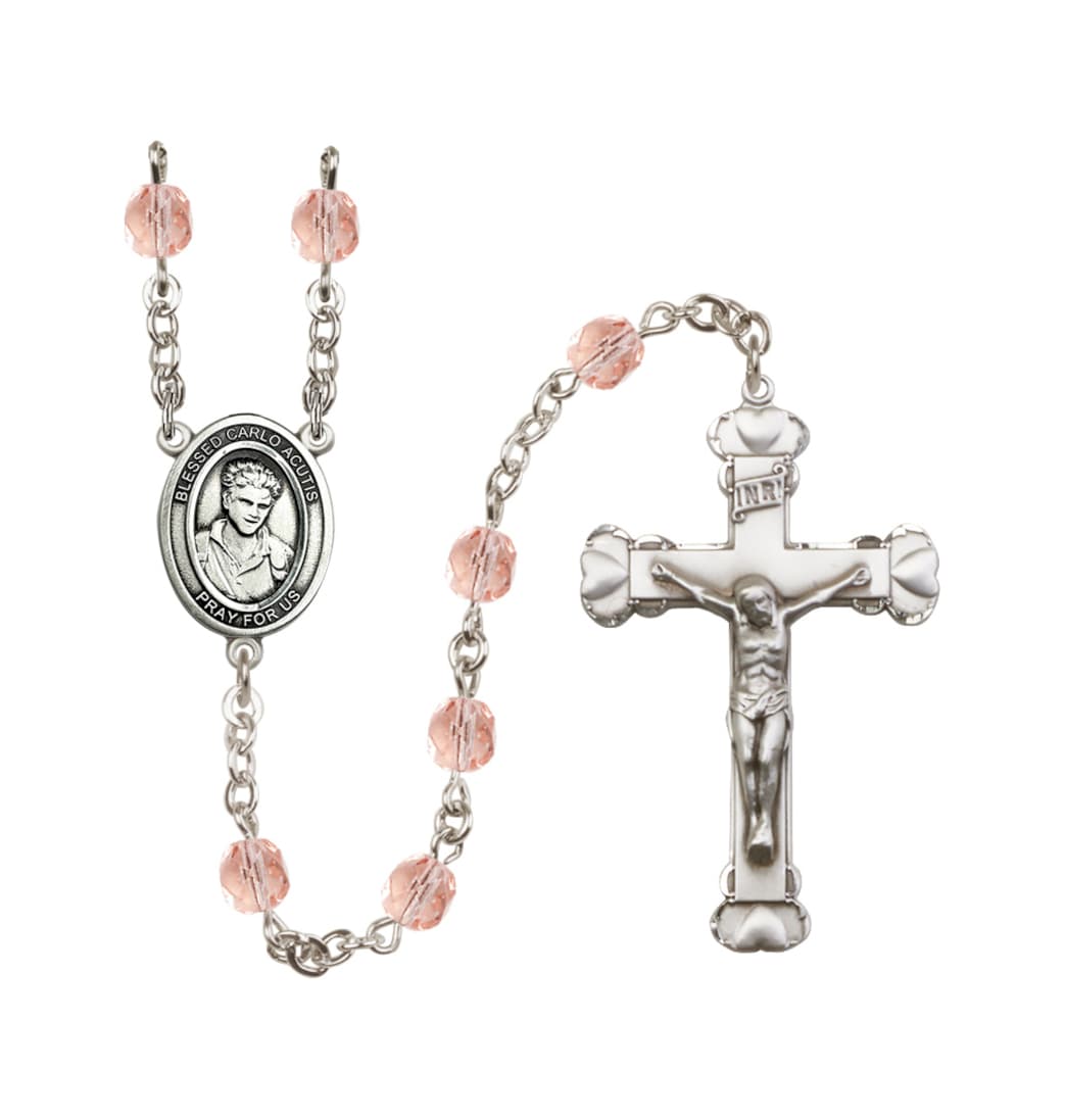 Bliss Silver-Plated Pink/Oct Crystal Blessed Carlo Acutis Birthstone Heart Rosary,