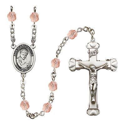 St. Carlo Acutis Birthstone Pink Heart Fire Polished Rosary, Bliss Manufacturing
