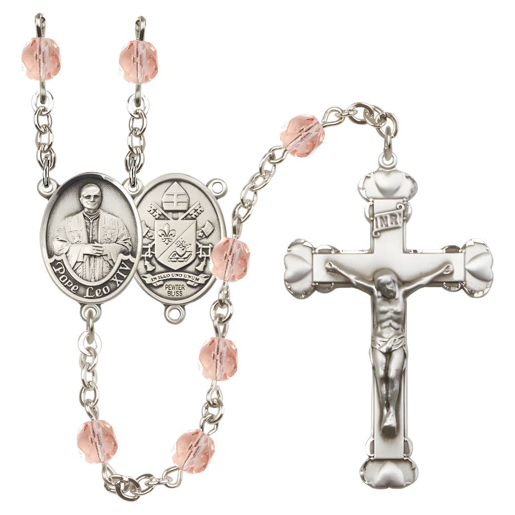 Bliss Pope Leo XIV Birthstone Engravable Rosary with Pewter Center and Heart  Edge Crucifix, 6mm Fire Polished Beads in Pink for October