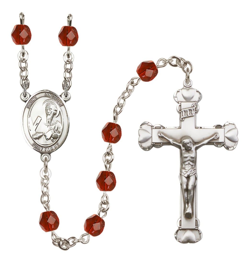 Bliss Silver-Plated Ruby Crystal St Andrew the Apostle Birthstone Heart Rosary,