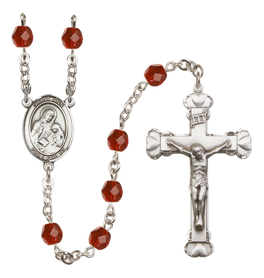 Bliss Manufacturing Silver Plated 6mm Fire Polished Saint Ann Rosary in Ruby,