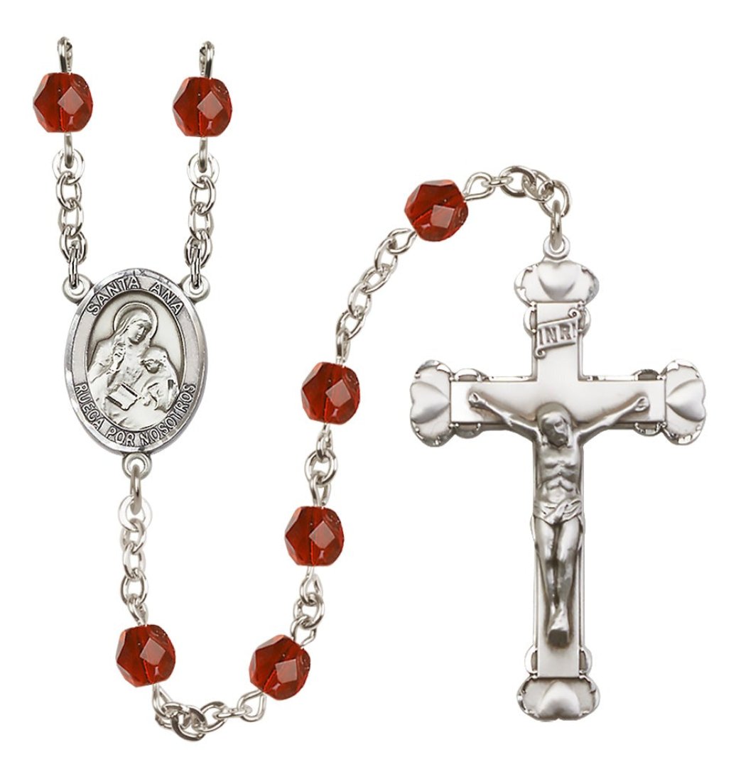 Bliss July Ruby Silver-Plated Crystal Santa Ana Birthstone Heart Rosary,