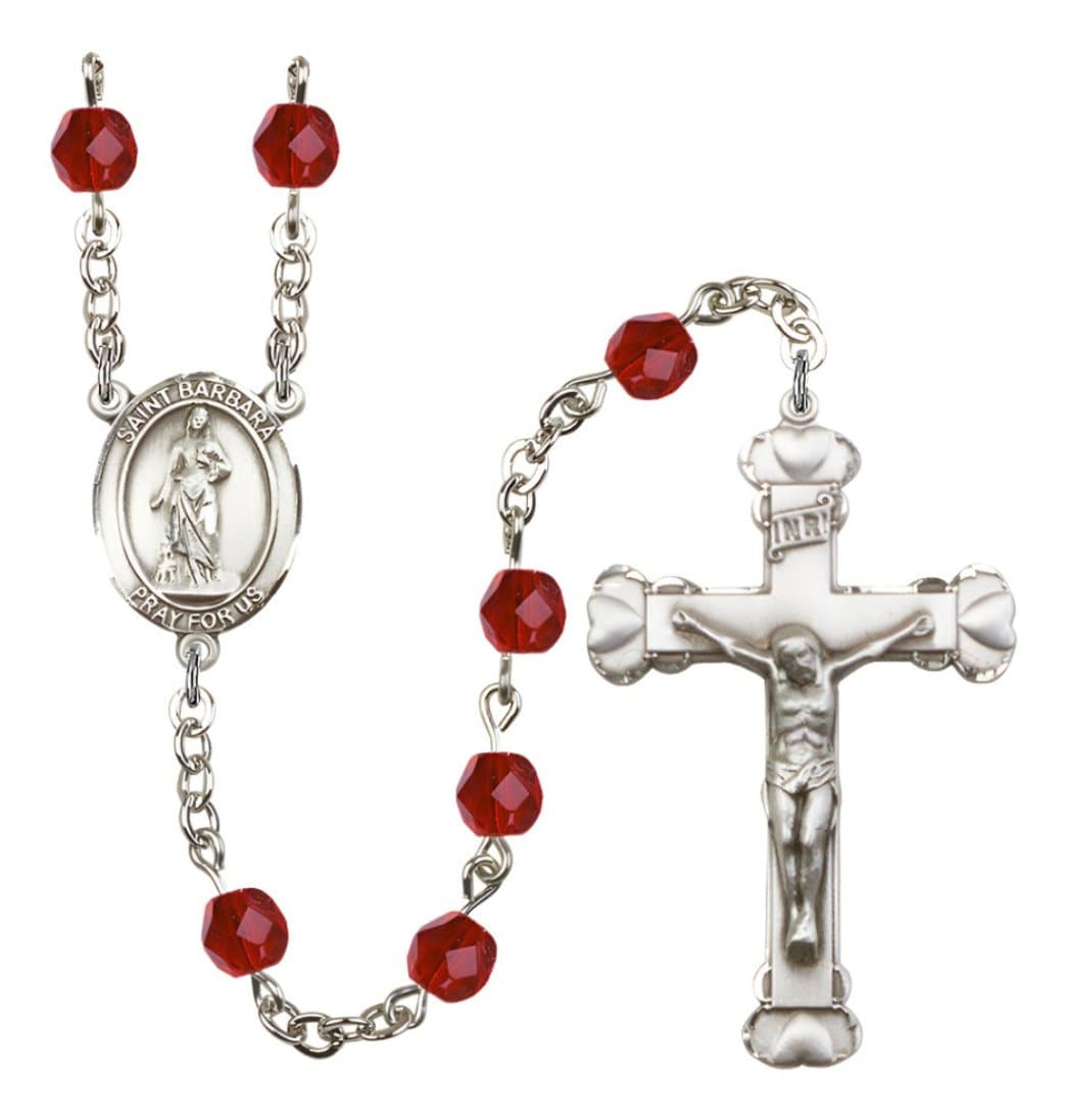 Bliss July Ruby Silver-Plated Crystal St Barbara Birthstone Heart Rosary,