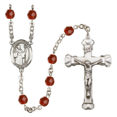 St. Augustine of Canterbury 6mm Ruby Fire Polished Heart Rosary in Silver-Plated Finish, Bliss Manufacturing