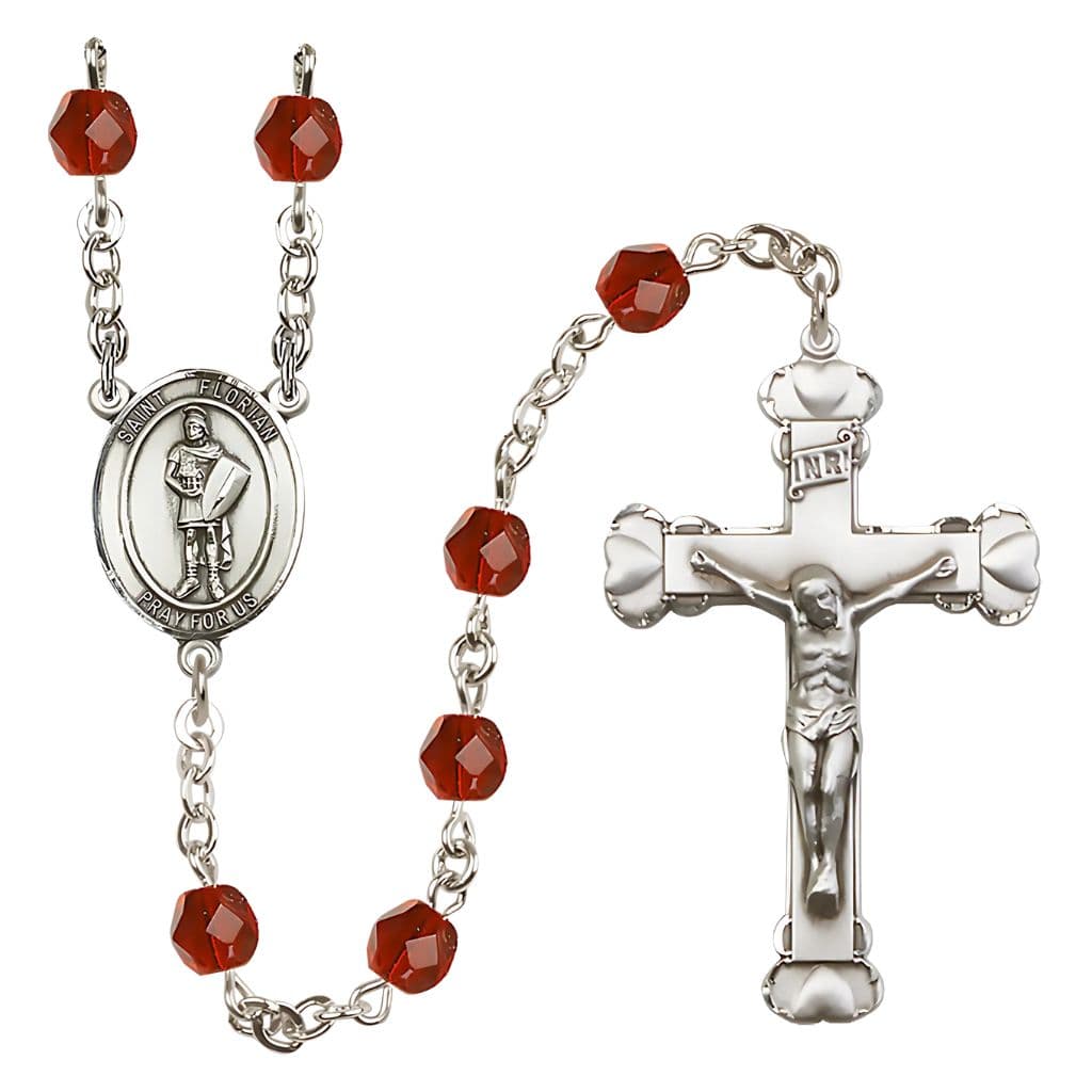 Bliss St Florian Ruby Crystal July Birthstone Heart Tip Silver-plated Rosary,