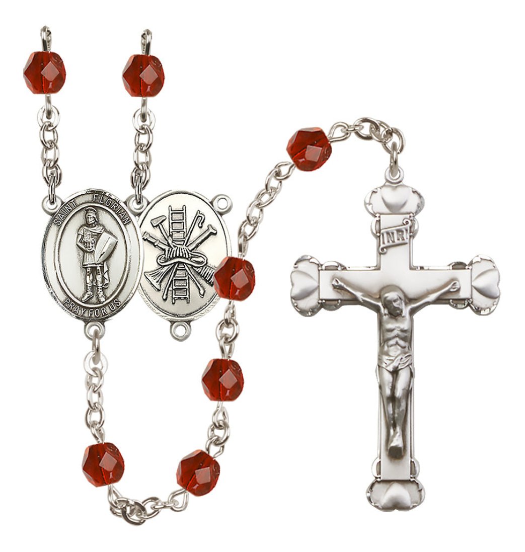 Bliss St Florian Firefighter Birthstone Crystal Silver-plated Heart Tip Rosary in Ruby July Birthstone,