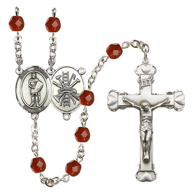 St Florian Firefighter Birthstone Crystal Silver-plated Heart Tip Rosary in Ruby July Birthstone, Bliss Manufacturing