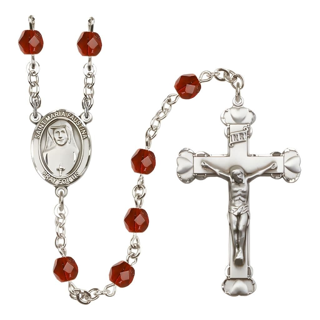 Bliss St. Maria Faustina Birthstone Engravable Heart Edge Rosary with Fire Polished Ruby Beads,