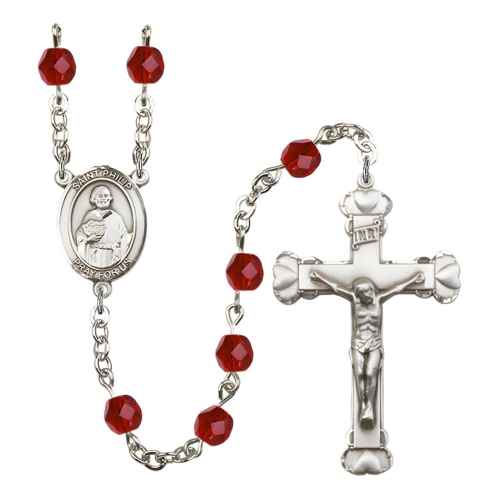 Bliss St. Philip the Apostle Rosary with Pewter Heart Crucifix and Centerpiece, Birthstone 6mm Fire Polished Ruby Beads for July