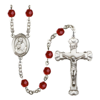 St. Philip the Apostle Rosary with Pewter Heart Crucifix and Centerpiece, Birthstone 6mm Fire Polished Ruby Beads for July, Bliss Manufacturing