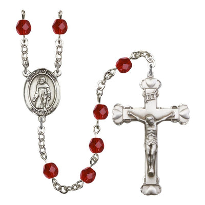 St. Peregrine Laziosi Rosary with Pewter Heart Crucifix and Centerpiece, Birthstone 6mm Fire Polished Ruby Beads for July, Bliss Manufacturing
