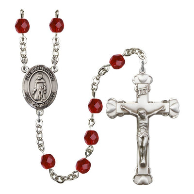 Spanish San Peregrino Rosary with Pewter Heart Crucifix and Centerpiece, Birthstone 6mm Fire Polished Ruby Beads for July, Bliss Manufacturing