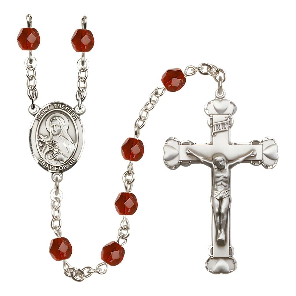 Bliss Birthstone 6mm Ruby Red Fire Polished Silver-plated Engravable Rosary with Pewter St. Theresa Center and Heart Edge Crucifix