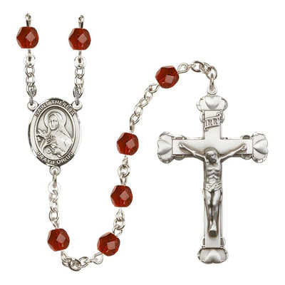 Birthstone 6mm Ruby Red Fire Polished Silver-plated Engravable Rosary with Pewter St. Theresa Center and Heart Edge Crucifix, Bliss Manufacturing