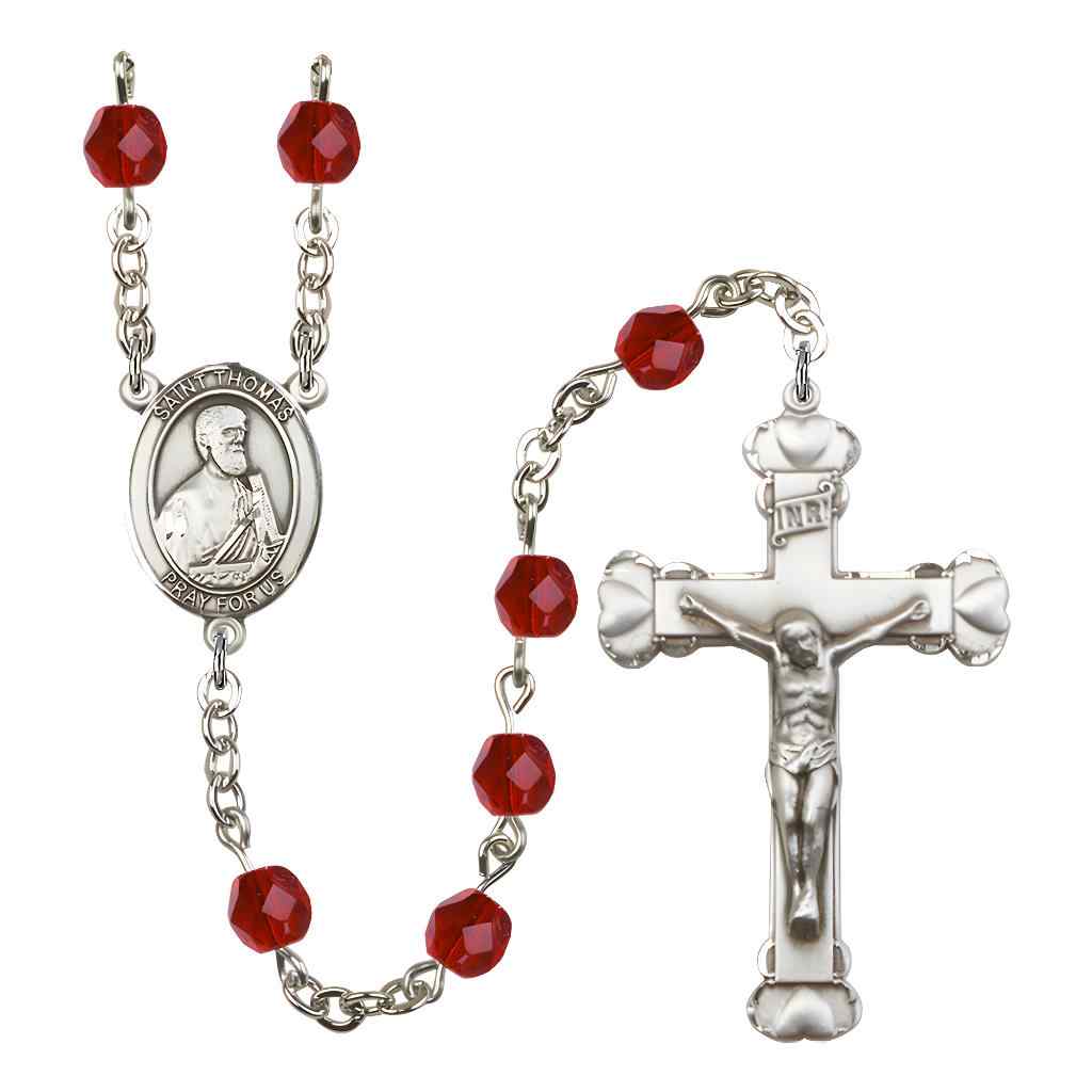St. Thomas the Apostle Rosary with Pewter Heart Crucifix and Centerpiece, Birthstone 6mm Fire Polished Ruby Beads for July