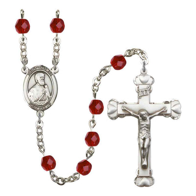 St. Thomas the Apostle Rosary with Pewter Heart Crucifix and Centerpiece, Birthstone 6mm Fire Polished Ruby Beads for July