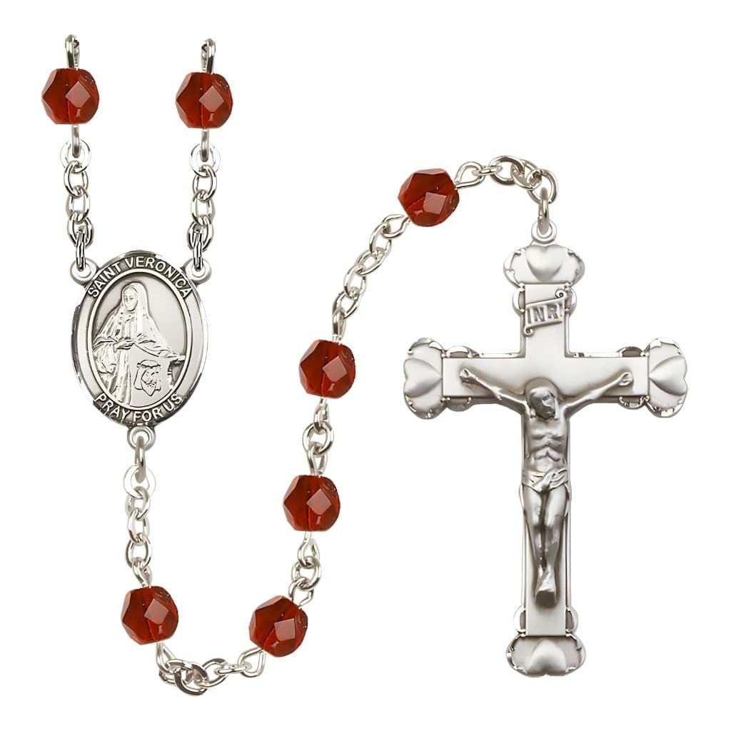 Bliss St. Veronica Rosary with Pewter Heart Crucifix and Centerpiece, Birthstone 6mm Fire Polished Ruby Beads for July