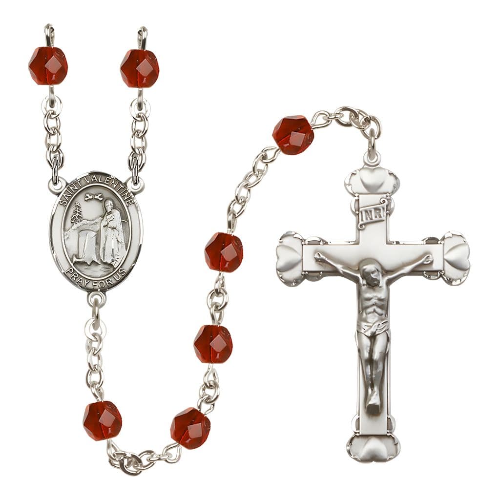 Bliss St. Valentine of Rome Rosary with Pewter Heart Crucifix and Centerpiece, Birthstone 6mm Fire Polished Ruby Beads for July