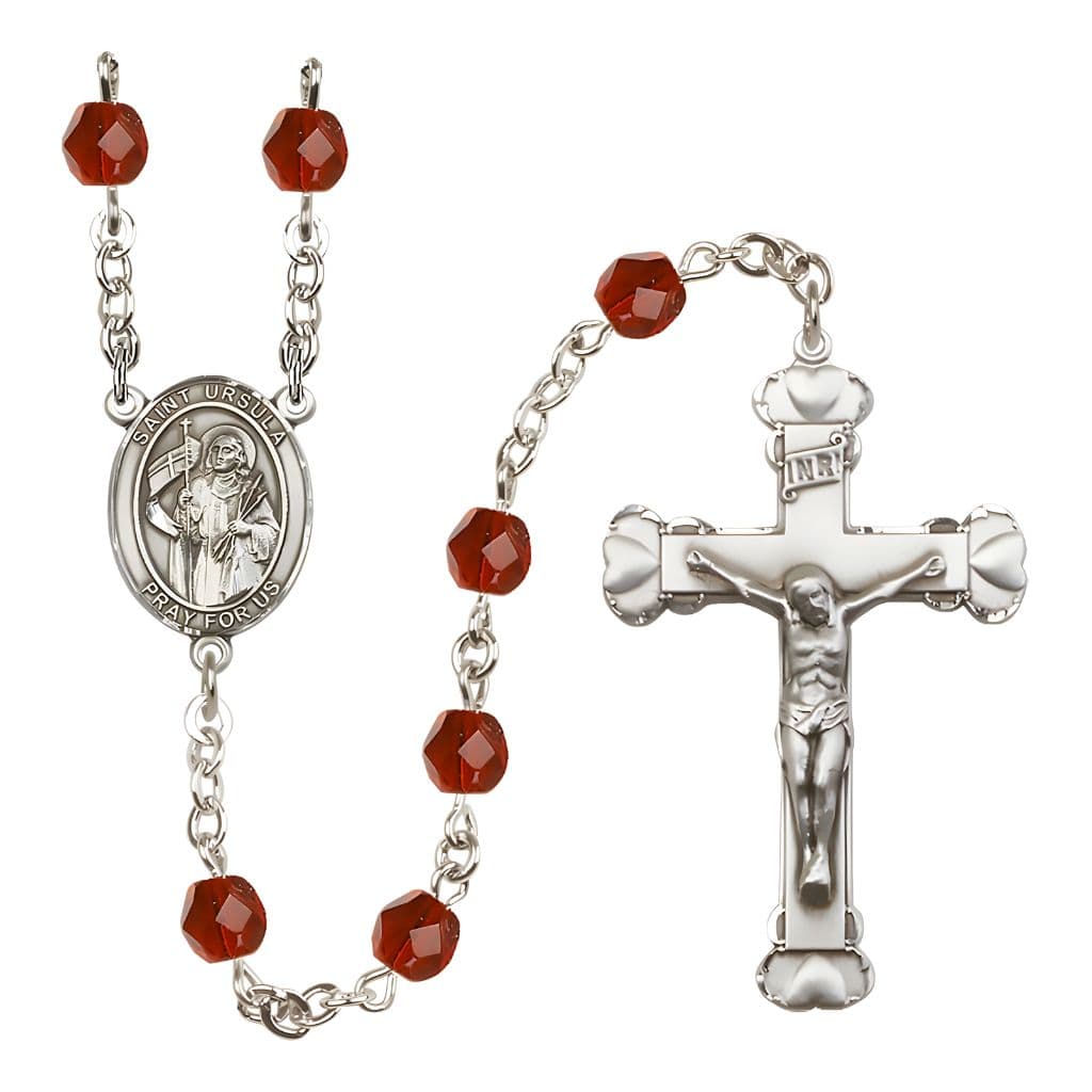 Bliss St. Ursula Rosary with Pewter Heart Crucifix and Centerpiece, Birthstone 6mm Fire Polished Ruby Beads for July