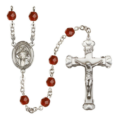 St. Ursula Rosary with Pewter Heart Crucifix and Centerpiece, Birthstone 6mm Fire Polished Ruby Beads for July, Bliss Manufacturing