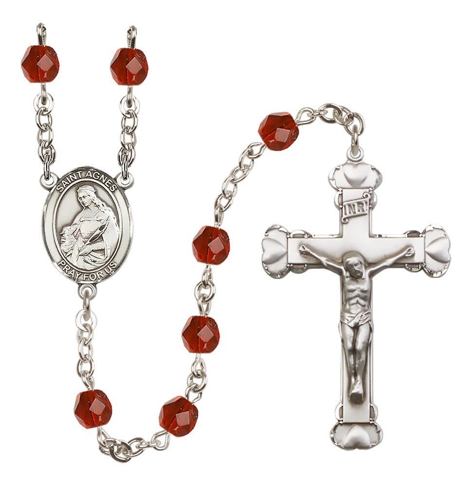 Bliss Silver-Plated Crystal St Agnes of Rome Birthstone Heart Rosary in Ruby,