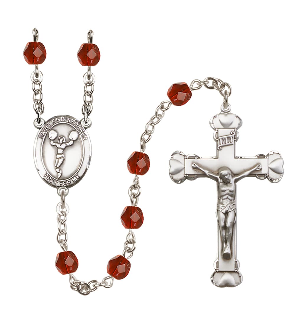 Bliss St Christopher Cheerleading July/Ruby 6mm Fire Polished Heart Rosary