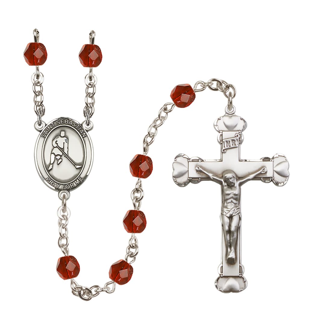 Bliss July Ruby Heart St Sebastian Ice Hockey 6mm Fire Polished Rosary,